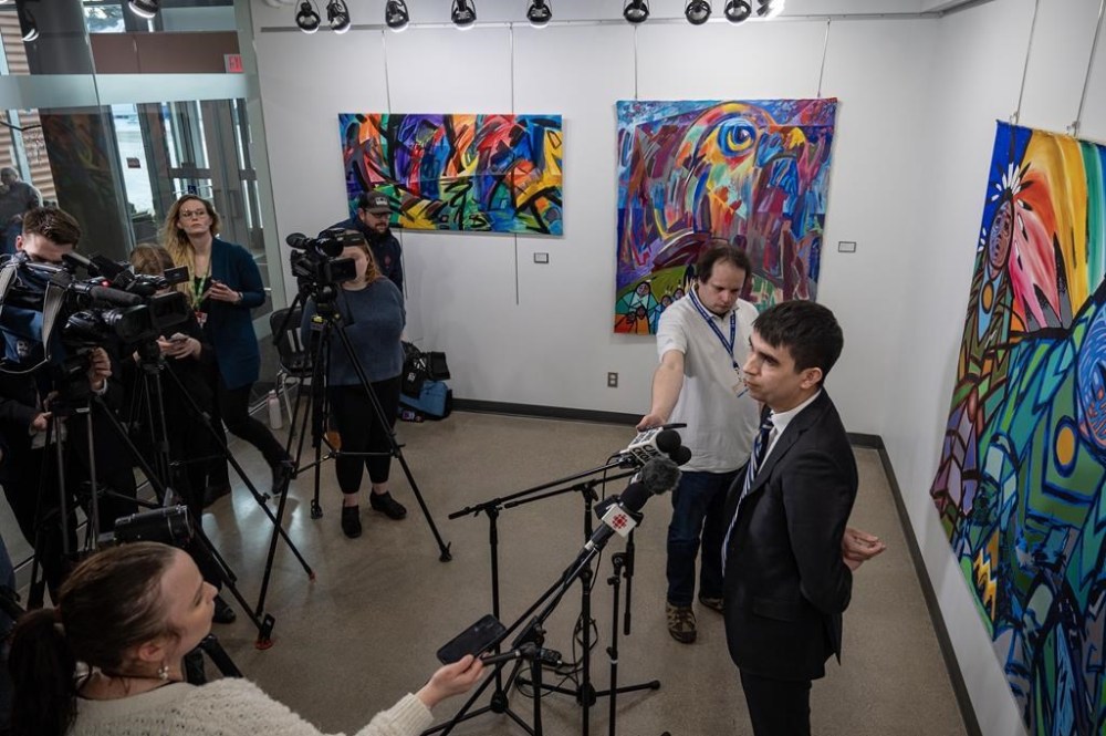 Keith Brown, the lawyer representing the James Smith Cree Nation, speaks to media following the opening day of the public coroner's inquest into the mass stabbings that happened on James Smith Cree Nation in 2022, in Melfort, Sask., Monday, Jan. 29, 2024. THE CANADIAN PRESS/Liam Richards