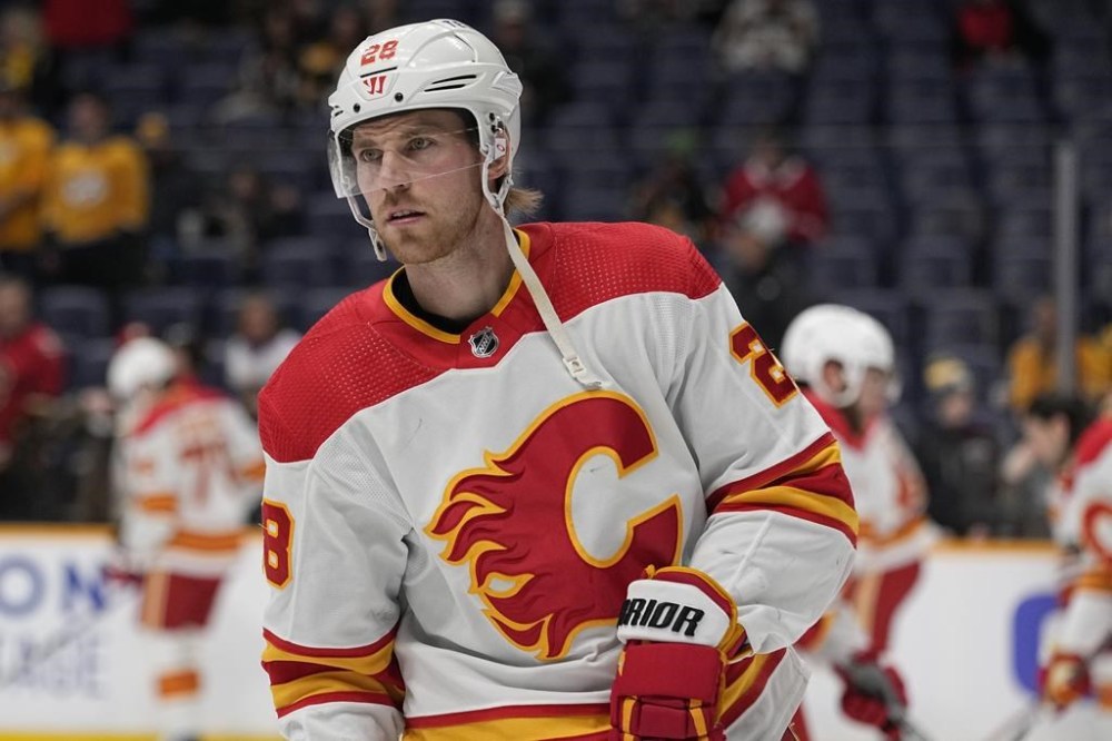 Calgary Flames forward Elias Lindholm (28) warms up before the team's NHL hockey game against the Nashville Predators, Thursday, Jan. 4, 2024, in Nashville, Tenn. The Vancouver Canucks have acquired forward Elias Lindholm from the Calgary Flames.THE CANADIAN PRESS/AP, George Walker IV