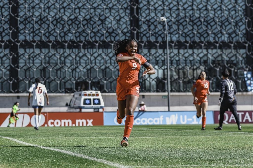 Captain Annabelle Chukwu celebrates one of her three goals in Canada’s 5-0 opening win over Puerto Rico on Friday, Feb. 2, 2024, at the CONCACAF Women’s Under-17 Championship in Toluca, Mexico. THE CANADIAN PRESS/HO-Audrey Magny/Canada Soccer **MANDATORY CREDIT**