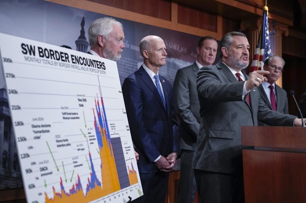 From left, Sen. Ron Johnson, R-Wis., Sen. Rick Scott, R-Fla., Sen. Eric Schmitt, R-Mo., Sen. Ted Cruz, R-Texas, and Sen. Mike Braun, R-Ind., criticize the border security bill currently being negotiated, during a news conference at the Capitol in Washington, Wednesday, Jan. 24, 2024. (AP Photo/J. Scott Applewhite)