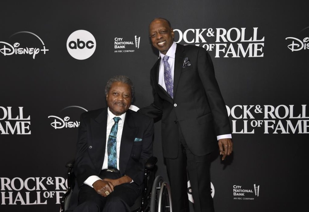 FILE - John Edwards, left, and Henry Fambrough of The Spinners arrive at the Rock & Roll Hall of Fame Induction Ceremony on Friday, Nov. 3, 2023, at Barclays Center in New York. Fambrough, the last surviving original member of the iconic R&B group The Spinners, whose hits included “It’s a Shame,” “Could It Be I’m Falling In Love,” and “The Rubberband Man,” died Wednesday, Feb. 7, 2024, of natural causes, according to a statement from his spokeswoman. He was 85. (Photo by Evan Agostini/Invision/AP, File)