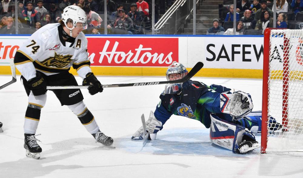 Edmonton Oil Kings goalie Kolby Hay reaches out with his glove to deny Brandon Wheat Kings forward Brett Hyland during their Western Hockey League game at Rogers Place on Sunday. Edmonton won 5-4 in overtime. (Andy Devlin/Edmonton Oil Kings)