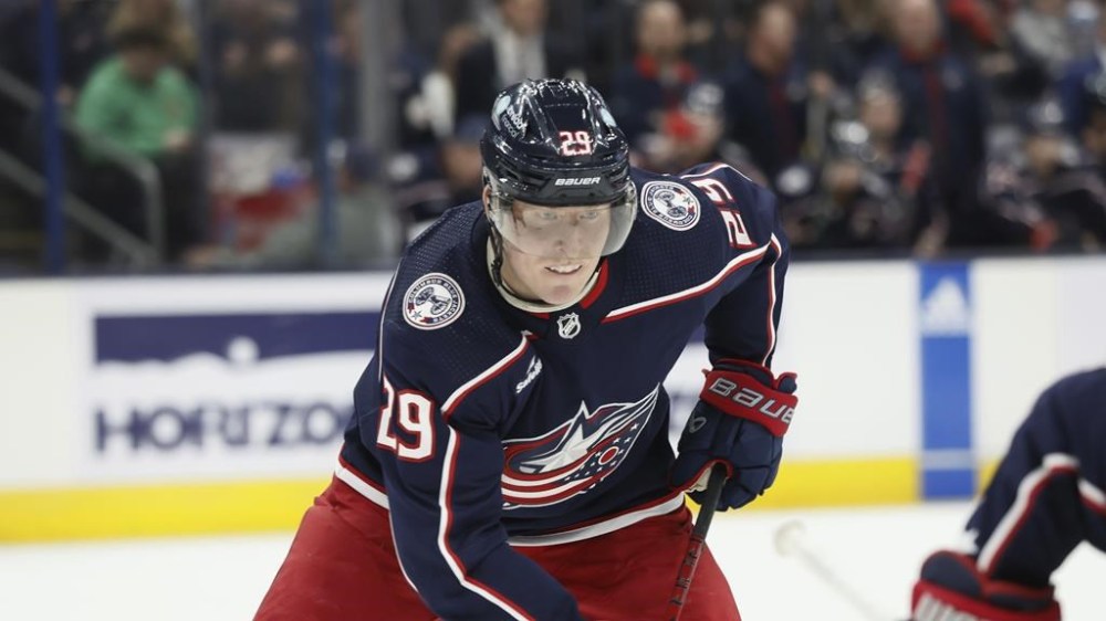 FILE - Columbus Blue Jackets' Patrik Laine plays against the Philadelphia Flyers during an NHL hockey game, Thursday, Oct. 12, 2023, in Columbus, Ohio. Laine is entering the NHL/NHLPA player assistance program, the league and union announced Sunday, Jan. 28, 2024. (AP Photo/Jay LaPrete, File)