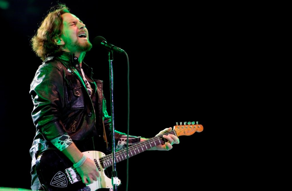 FILE - Pearl Jam's lead vocalist Eddie Vedder performs in concert in Sao Paulo, Brazil on Nov. 3, 2011. Pearl Jam's forthcoming album shows the rockers are not mellowing with age. Vedder and other members of the band that began in Seattle in the early 1990s gave an advance listen of their 12th studio album to a select group of family, friends and industry insiders on Wednesday, Jan. 31, 2024, at the Troubadour club in the Los Angeles area. Vedder told the crowd the album is “our best work.” (AP Photo/Andre Penner, File)