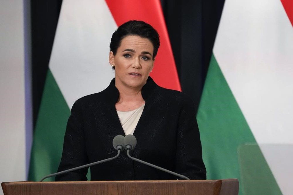 FILE - Hungarian President Katalin Novak delivers his speech during Pope Francis' meeting with the authorities, civil society, and the diplomatic corps in the former Carmelite Monastery in Budapest, Hungary, Friday, April 28, 2023. Pressure is mounting on Hungary’s head of state to resign after it was revealed that she issued a presidential pardon to a man convicted as an accomplice in a child sexual abuse case. (AP Photo/Andrew Medichini, Pool, File)