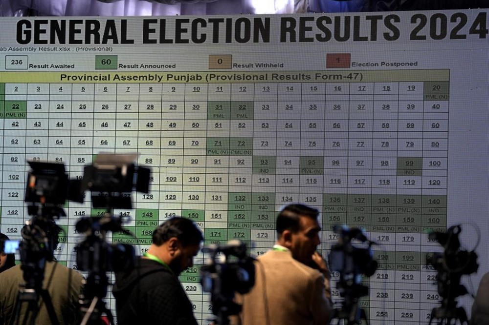 Members of media film a big screen showing results of country's parliamentary elections at Pakistan Election Commission headquarters, in Islamabad, Pakistan, Friday, Feb. 9, 2024. The results of Pakistan's elections were delayed a day after the vote that was marred by sporadic violence, a mobile phone service shutdown and the sidelining of former Prime Minister Imran Khan and his party. (AP Photo/Anjum Naveed)