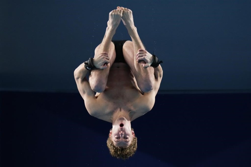 Rylan Wiens of Canada competes during the men's 10m platform diving final at the World Aquatics Championships in Doha, Qatar, Saturday, Feb. 10, 2024. THE CANADIAN PRESS/AP-Hassan Ammar
