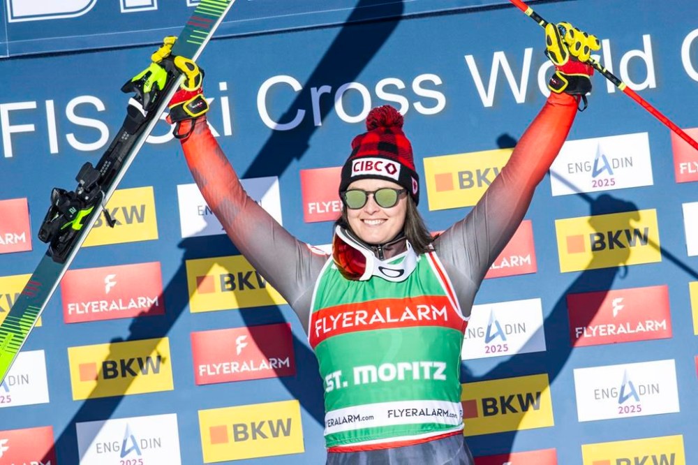 Canada's Marielle Thompson won her third consecutive World Cup women's ski cross gold medal on Sunday. Thompson celebrates her win on the podium after the Ski Cross World Cup race in St. Moritz, Switzerland, Sunday Jan. 28, 2024. THE CANADIAN PRESS/AP-Keystone, Mayk Wendt