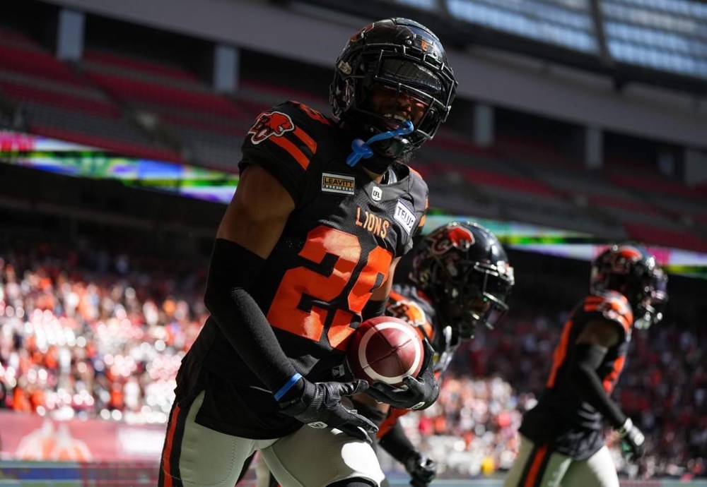 B.C. Lions' Jalon Edwards-Cooper (29) celebrates after returning a blocked Montreal Alouettes field goal attempt for a touchdown during the first half of a CFL football game, in Vancouver, B.C., Sunday, July 9, 2023. Edwards-Cooper signed earlier this week as a free agent with the Saskatchewan Roughriders. THE CANADIAN PRESS/Darryl Dyck