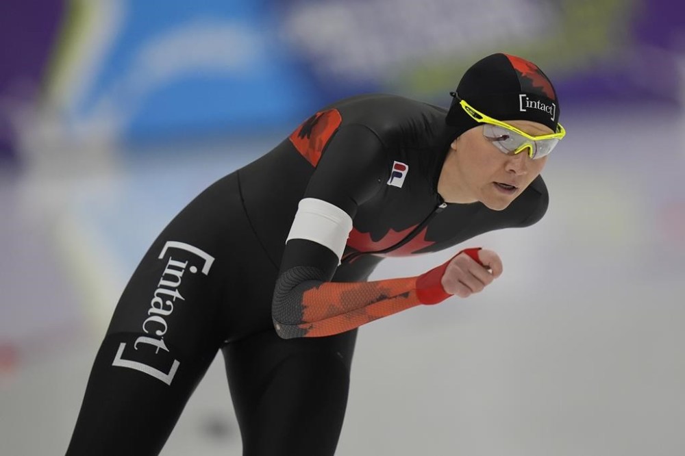 Canada's Isabelle Weidemann competes during the women's 3,000 meters at the Four Continents speedskating championships Saturday, Jan. 20, 2024, in Kearns, Utah. Irene Schouten of the Netherlands has won the women's 3,000 metres and Weidemann earned silver at the world single distance speedskating championship. THE CANADIAN PRESS/AP-Rick Bowmer