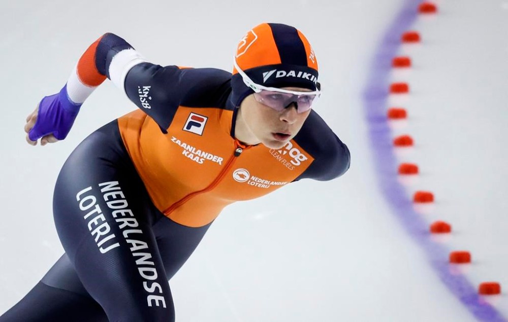 Irene Schouten, of the Netherlands, skates during the women's 3000-metre event at the ISU World Speedskating Championships in Calgary, Alta., Thursday, Feb. 15, 2024.THE CANADIAN PRESS/Jeff McIntosh
