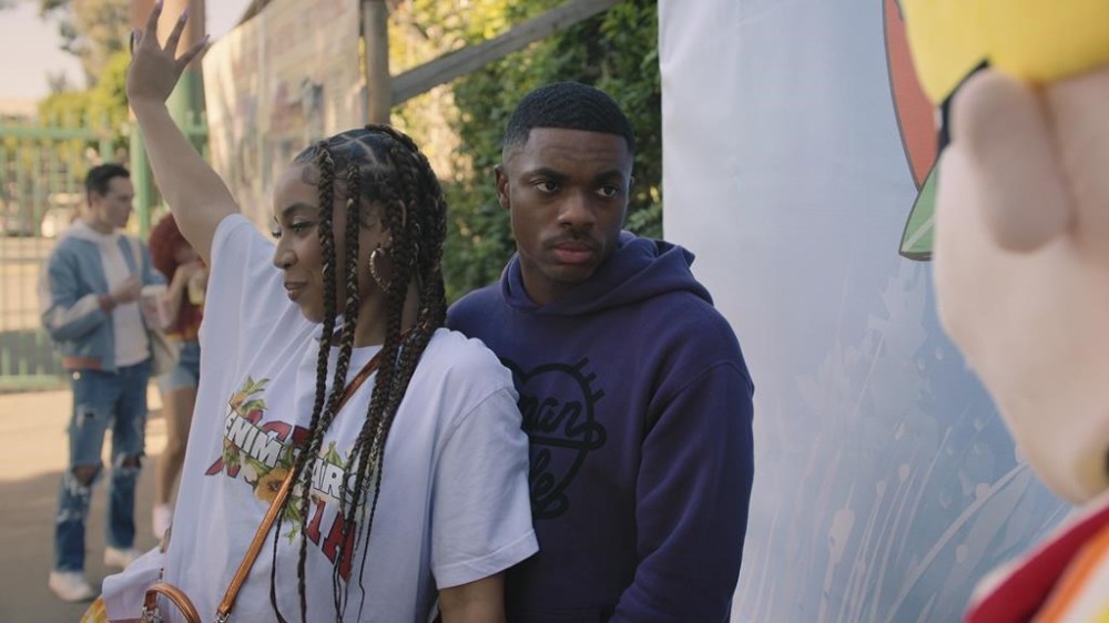 This image released by Netflix shows Andrea Ellsworth as Deja and Vince Staples as Vince Staples in an episode of