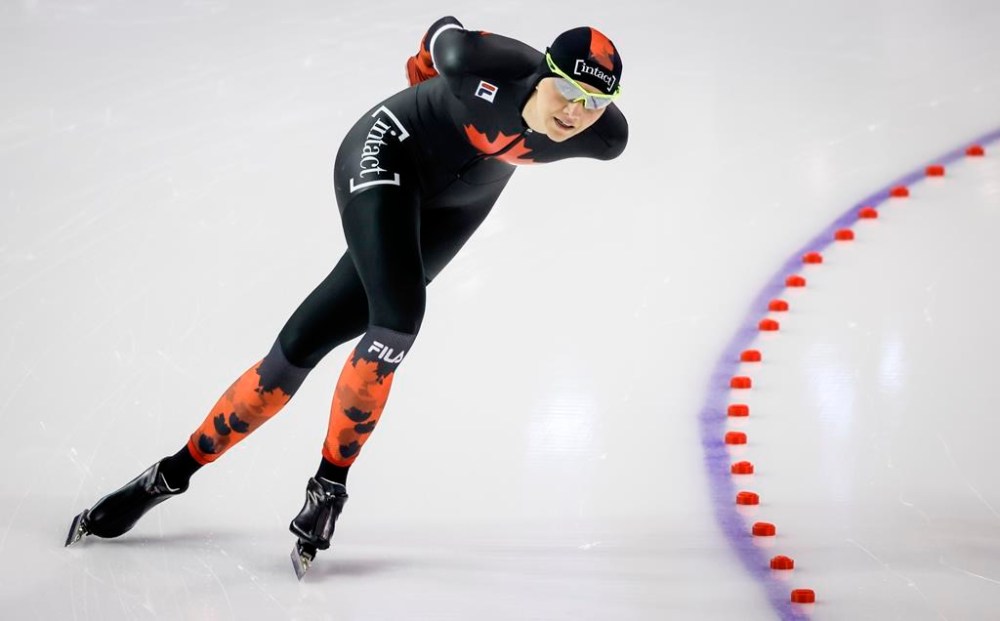 Canada's Isabelle Weidemann skates during the women's 3000-metre event at the ISU World Speed Skating Championships in Calgary, Alta., Thursday, Feb. 15, 2024.THE CANADIAN PRESS/Jeff McIntosh