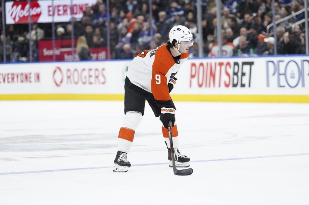 Philadelphia Flyers defenceman Jamie Drysdale (9) looks on during first period NHL hockey action against the Toronto Maple Leafs in Toronto on Thursday, Feb. 15, 2024. The defenceman was shipped across the continent by the Anaheim Ducks in a high-profile trade with Philadelphia in January. THE CANADIAN PRESS/Arlyn McAdorey