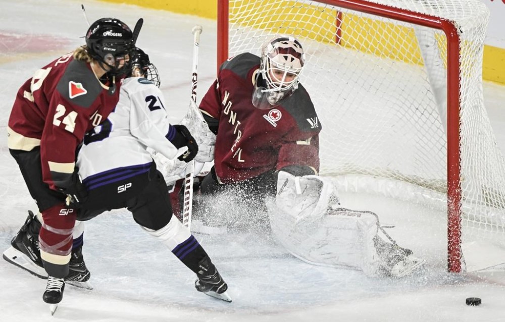 Minnesota' Kendall Coyne Schofield (26) moves in on Montreal goaltender Elaine Chuli as Montreal's Ann-Sophie Bettez (240) defends during third period PWHL hockey action in Laval, Que., Sunday, February 18, 2024. THE CANADIAN PRESS/Graham Hughes