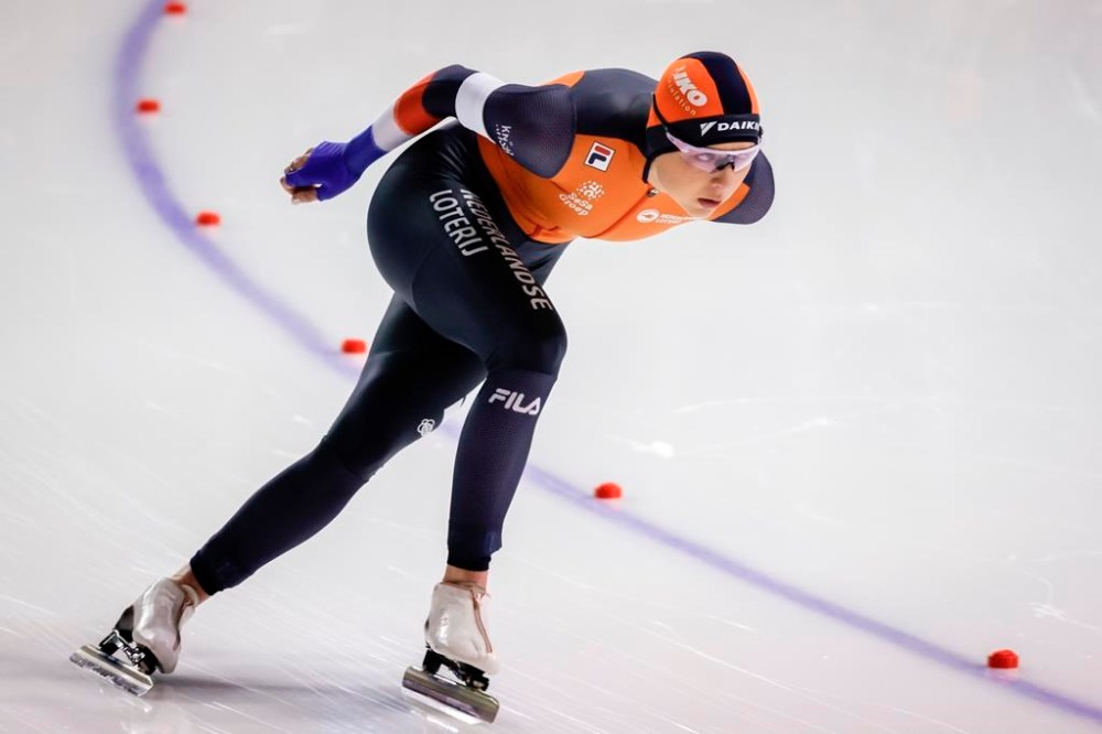 Joy Beune, of the Netherlands, skates during the women's 5000-metre event at the ISU World Speed Skating Championships in Calgary, Alta., Sunday, Feb. 18, 2024.THE CANADIAN PRESS/Jeff McIntosh