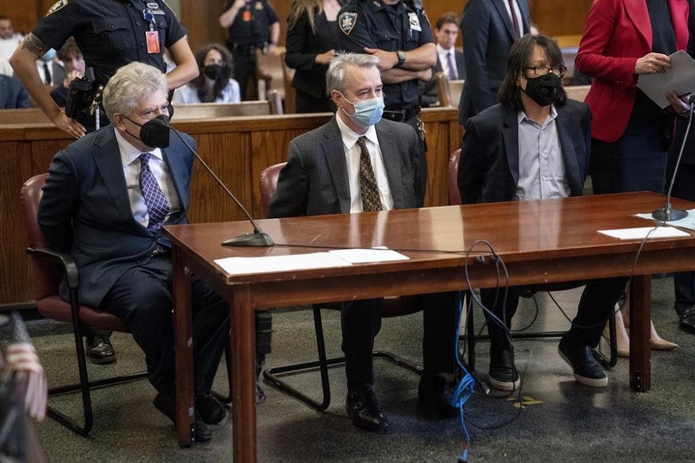 FILE - From left, Glenn Horowitz, Craig Inciardi and Edward Kosinski appear in criminal court after being indicted for conspiracy involving handwritten notes from the famous Eagles album