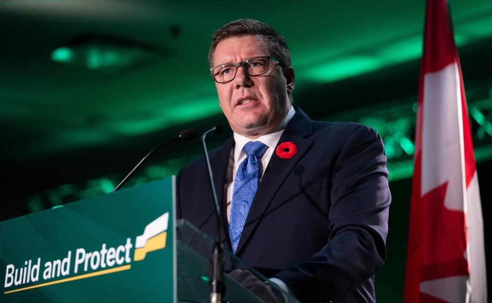 Saskatchewan Premier Scott Moe speaks during the Saskatchewan Party Convention in Regina, on Saturday, Nov. 4, 2023. Moe is in India to promote trade despite heightened tensions between Canada and the overseas country. THE CANADIAN PRESS/Heywood Yu