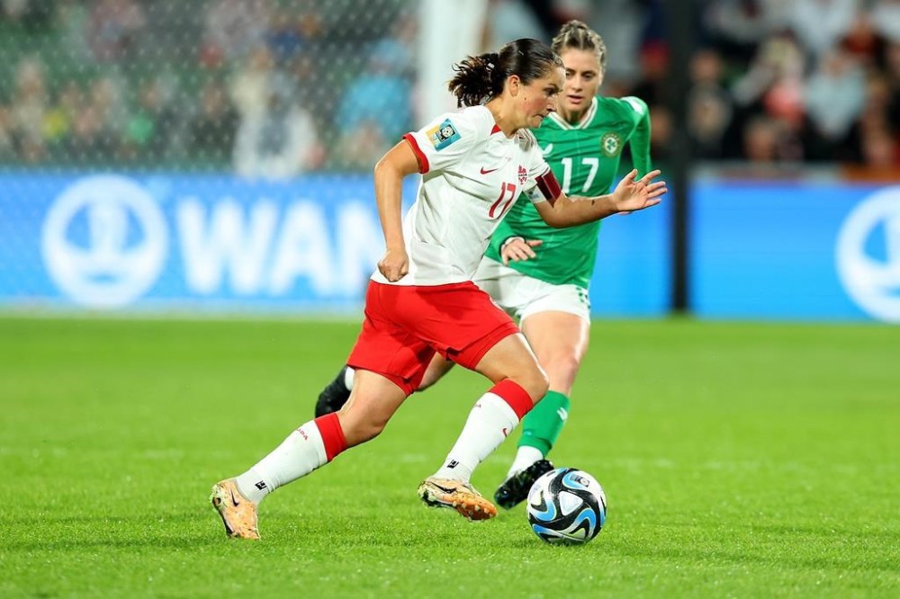 Jessie Fleming of Canada moves past Sinead Farrelly of Ireland during their Group B match at the FIFA Women's World Cup in Perth, Australia, Wednesday, July 26, 2023.
Against the backdrop of a $40-million lawsuit filed against Canada Soccer's 2018 board of directors by the association representing the Canadian women's team, 10th-ranked Canada opens play at the inaugural CONCACAF W Gold Cup against No. 104 El Salvador. THE CANADIAN PRESS/James Worsfold