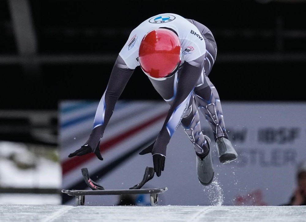 Hallie Clarke races to a second-place finish during the women's competition at the IBSF Skeleton World Cup event, in Whistler, B.C., on Thursday, Nov. 24, 2022. Canada's Clarke was the leader at the halfway point of the women's skeleton competition at the bobsled and skeleton world championships. THE CANADIAN PRESS/Darryl Dyck
