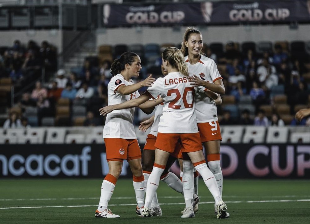 Canada captain Jessie Fleming (left), Cloe Lacasse and Jordyn Huitema (right) celebrate a goal in Canada's 6-0 win over El Salvador in CONCACAF W Gold Cup soccer action in Houston in this Thursday, Feb. 22, 2024 handout photo. THE CANADIAN PRESS/HO, Canada Soccer *MANDATORY CREDIT*