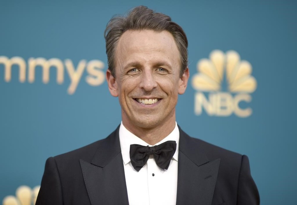 FILE - Seth Meyers arrives at the 74th Primetime Emmy Awards on Monday, Sept. 12, 2022, in Los Angeles. Meyers celebrates his tenth year hosting
