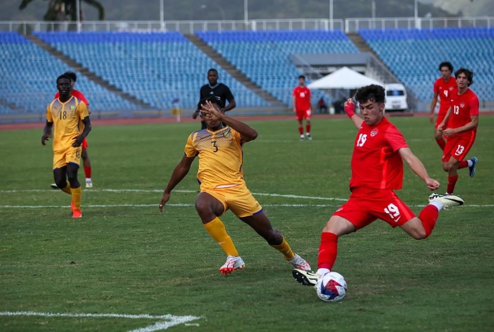 Canada's Tavio Ciccarelli, 19, takes a shot against St. Vincent and the Grenadines in CONCACAF U-20 Championship qualifying play at Hasely Crawford Stadium in Port-of-Spain, Trinidad on Sunday, Feb. 25, 2024. Ciccarelli had three goals in Canada’s 4-0 win. THE CANADIAN PRESS/HO-Canada Soccer
**MANDATORY CREDIT **