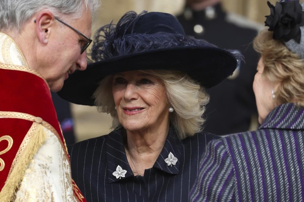 Britain's Queen Camilla attends the Thanksgiving Service for King Constantine of the Hellenes at St George's Chapel in Windsor Castle, England, on Tuesday Feb. 27, 2024. Constantine II, Head of the Royal House of Greece, reigned as the last King of the Hellenes from 6 March 1964 to 1 June 1973, and died in Athens at the age of 82. (Chris Jackson/Pool via AP)