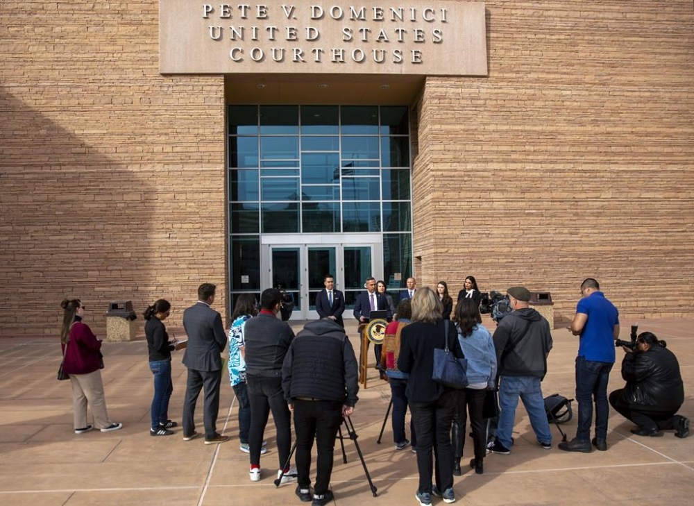 CORRECTS CAPTION INFORMATION, IDENTITY OF SPEAKER AND STORY SLUG- FBI Special Agent in Charge Ruben Marchand Morales speaks at the courtyard of Pete V. Domenici Courthouse Wednesday, March 6, 2024, in Albuquerque, N.M. (Jon Austria/The Albuquerque Journal via AP)