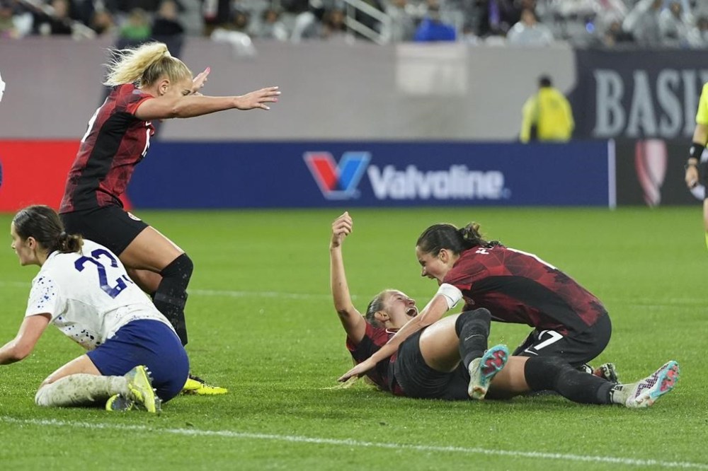 Canada's Jordyn Huitema, second from right, celebrates with teammate Jessie Fleming, right, after scoring a goal against the United States during the second half of a CONCACAF Gold Cup women's soccer tournament semifinal match, Wednesday, March 6, 2024, in San Diego.
Fleming did everything but score from the penalty spot in the CONCACAF W Gold Cup semifinal. THE CANADIAN PRESS/AP/Gregory Bull
