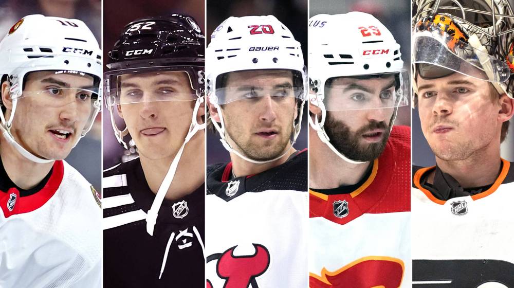 Ottawa Senators forward Alex Formenton during an NHL hockey game in Philadelphia in 2022; New Jersey Devils defenceman Cal Foote before an NHL hockey game in Newark, N.J., in 2023; New Jersey Devils’ Michael McLeod during an NHL hockey game in Philadelphia in 2023; Calgary Flames centre Dillon Dube during an NHL hockey game in Detroit in 2023 and Philadelphia Flyers goaltender Carter Hart during an NHL hockey game in Uniondale, N.Y., in 2021. The five players from Canada's 2018 world junior hockey team are facing sexual assault charges. (File photos)
