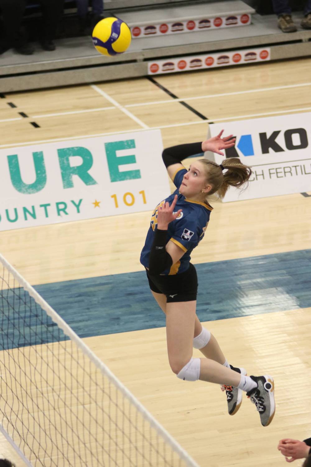 Brandon University outside hitter Cassidy Hauta attacks against the Mount Royal Cougars in Canada West women's volleyball action at the Healthy Living Centre on Saturday. (Thomas Friesen/The Brandon Sun)
