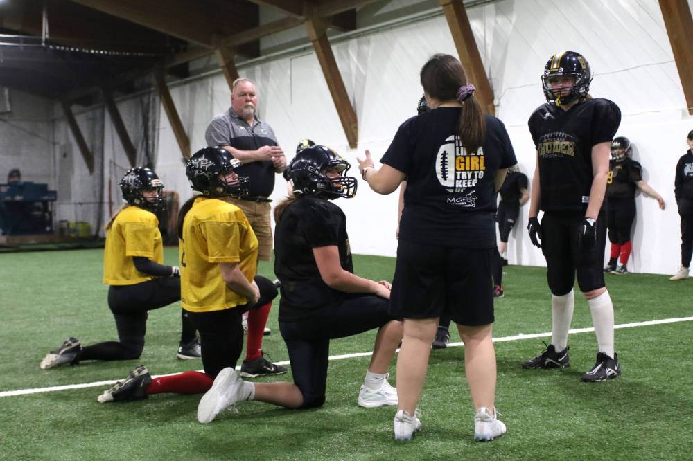 The Rural Manitoba Football League held a U18 female football camp in Brandon on Saturday, with a 90-minute classroom session, followed by two hours on the indoor field at TC Sports. (Thomas Friesen/The Brandon Sun)