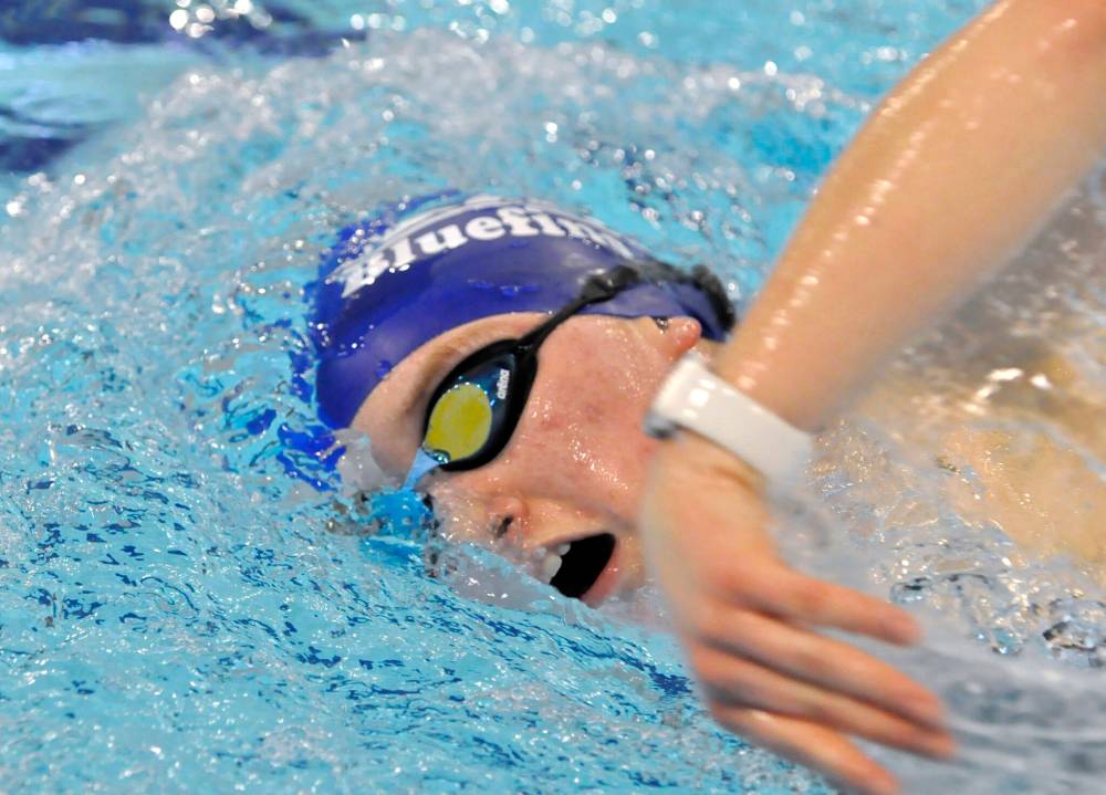 Ellen Clark of the Brandon Bluefins works on her freestyle stroke during a Wednesday night practice in the Sportsplex pool in preparation of today’s three-day Manitoba Open winter junior provincials short course meet. (Jules Xavier/The Brandon Sun)