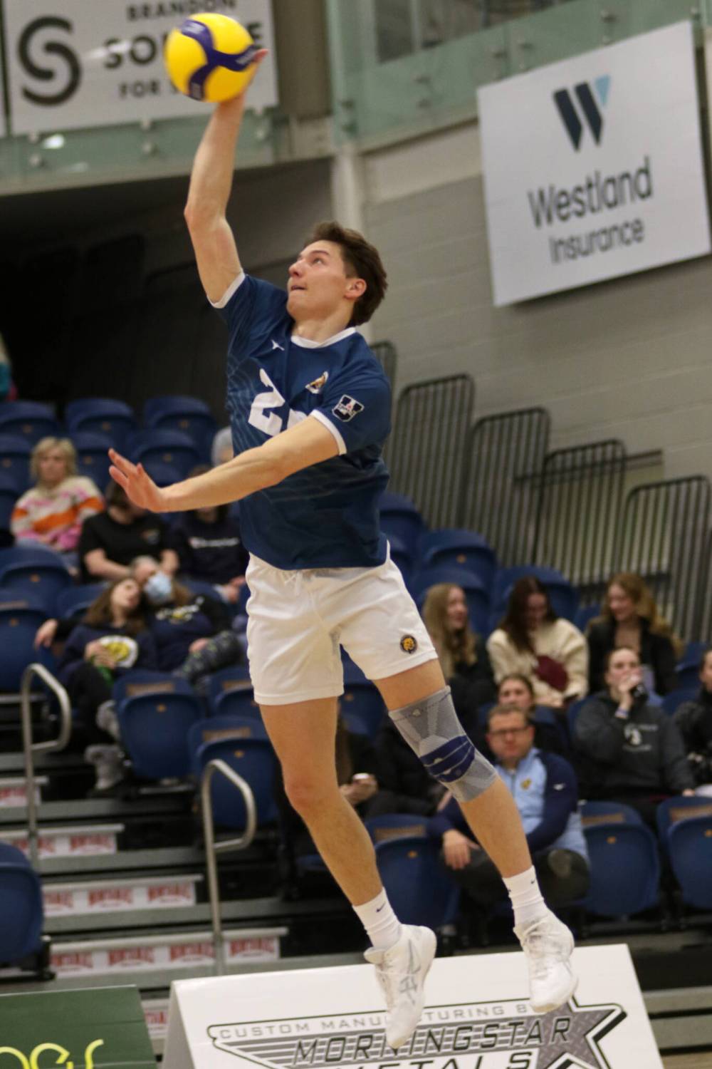 Brandon University Bobcats middle blocker Paycen Warkentin is a rare volleyball player to find success at the Canada West level with goofy footwork, meaning he takes off to serve and attack with his right foot last. (Thomas Friesen/The Brandon Sun)