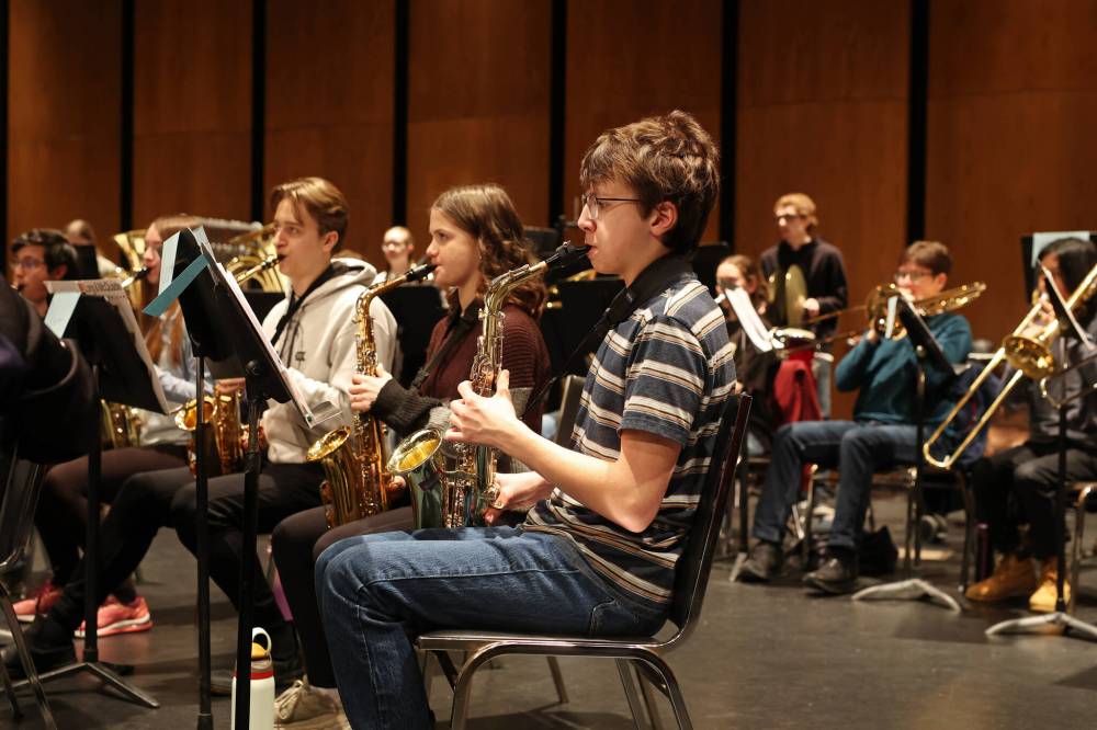 Students in the Westman Senior Honour Band take part in an all-day rehearsal led by Mark Tse on Friday at the Western Manitoba Centennial Auditorium in advance of their performance at the auditorium today. The Junior Honour Band also rehearsed and will be performing today as well. (Tim Smith/The Brandon Sun)