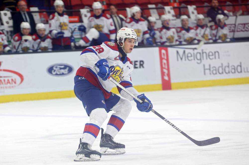 Edmonton Oil Kings defenceman Eastyn Mannix scored the first goal of his Western Hockey League career earlier this season against his former club, the Brandon Wheat Kings. He is shown in action at Westoba Place last week. (Tim Smith/The Brandon Sun)
