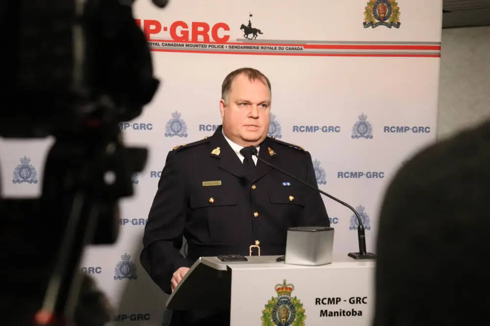 Insp. Tim Arseneault, who leads the provincial RCMP major crimes unit, speaking during a news conference at RCMP's D-Division Headquarters in Winnipeg on Sunday. RCMP say three children and two women were found dead in a series of linked incidents in southern Manitoba. (Tyler Searle/Winnipeg Free Press)
