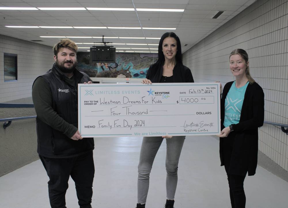 Jared McKenzie (left), director of marketing at the Keystone Centre, and Shonah Rathwell, general manager at Limitless Events (centre), present Danna Rudniski (right), foundation manager at Westman Dreams for Kids, with a cheque for $4,000. (Submitted)