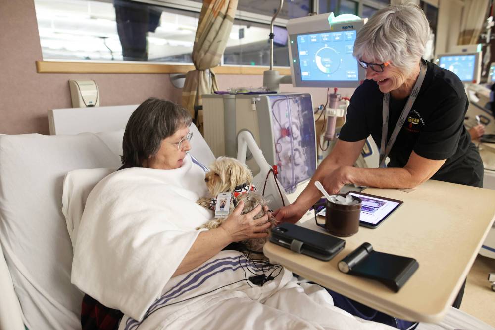 Ngaire Abernethy (right) and her dog Koki of Prairie Area Therapy Dogs (PATDogs) visit with Carol Fisher in the dialysis centre at the Brandon Regional Health Centre on Wednesday evening. The local certified therapy dog team spent Valentine's Day visiting patients, staff and visitors at the hospital.