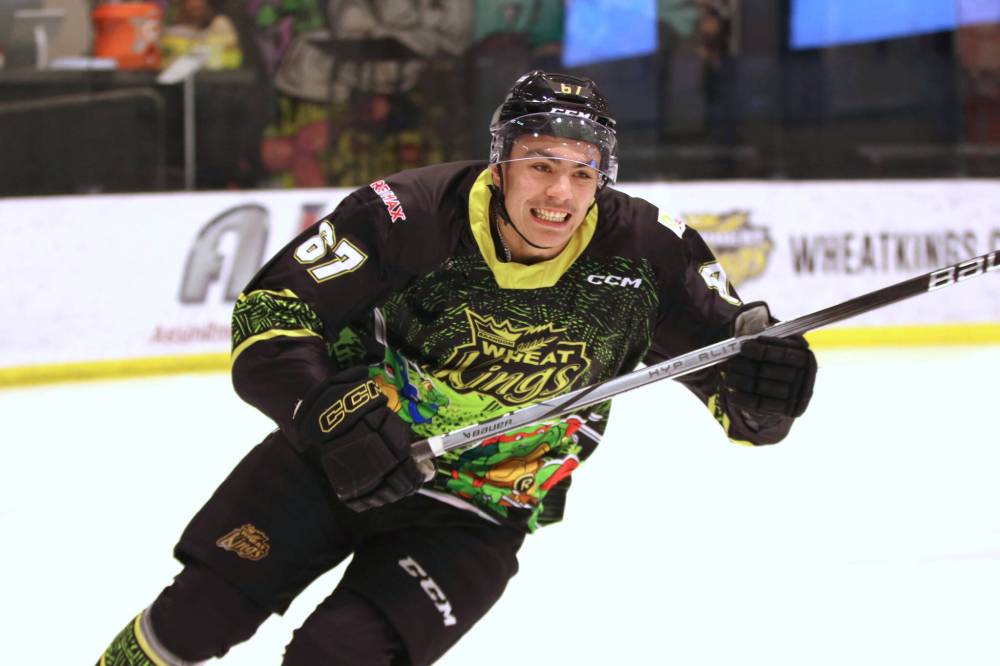 Brandon Wheat Kings forward Matt Henry comes flying up the ice during the fastest skater competition at the team’s skills competition on Sunday morning at J&G Homes Arena. Henry finished in fourth, one-10th of a second behind the winner, Charlie Elick, who circled the ice in 13.7 seconds. (Perry Bergson/The Brandon Sun)