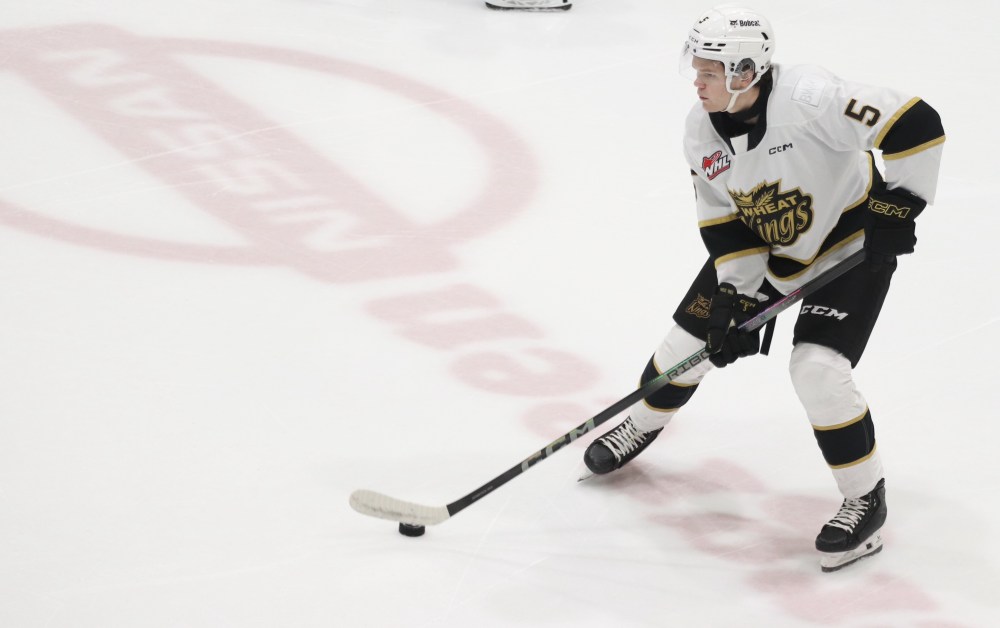 Brandon Wheat Kings defenceman Rhett Ravndahl carries the puck during his team's 7-3 loss to the Prince Albert Raiders in Western Hockey League action at Art Hauser Centre on Saturday. Ravndahl, who grew up in nearby Birch Hills, Sask., had an assist in the game. (Nathan Reiter/Prince Albert Daily News)