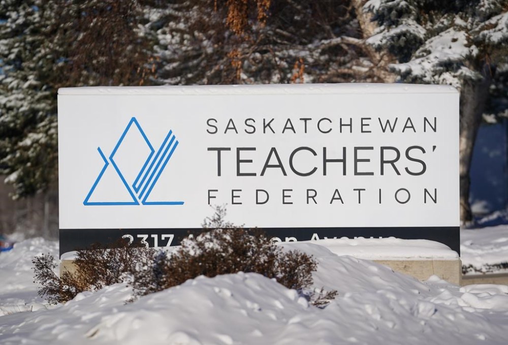 The Saskatchewan Party government has rejected a proposal from the teachers' union to go into binding arbitration. A sign outside of Saskatchewan Teachers' Federation in Saskatoon, Sask., on Tuesday, Jan. 16, 2024. THE CANADIAN PRESS/Heywood Yu
