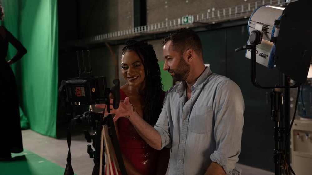 Grammy-winning singer Allison Russell consults with director Ethan Tobman on the set of the music video