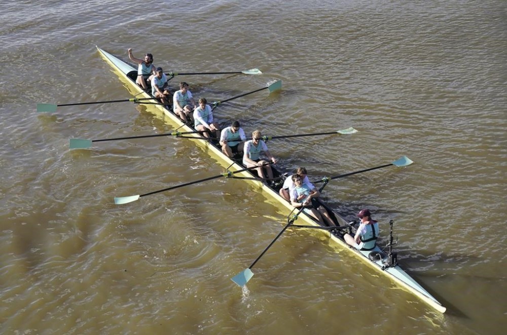 The Cambridge team's Sebastian Benzecry, Noam Mouelle, Thomas Marsh, Augustus John, Kenneth Coplan, Thomas Lynch, Luca Ferraro, Matt Edge, and Ed Bracey celebrate winning the 169th Men's Gemini Boat Race 2024 on the River Thames, London, Saturday March 30, 2024. (Jonathan Brady/PA via AP)