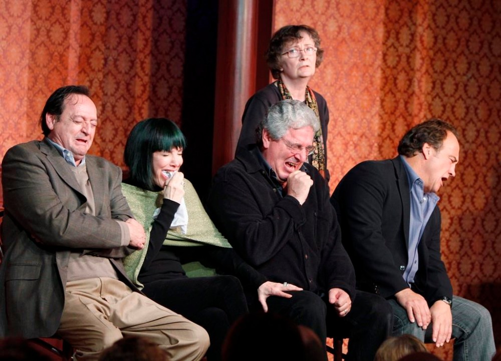 In this Dec. 12, 2009 file photo, actor and director Harold Ramis, centre, along with actors from left, Joe Flaherty, Eugenie Ross-Leming, Judy Morgan, standing, and Jim Belushi break out in laughter as they perform a skit on stage to celebrate The Second City's 50th anniversary in Chicago. Comedian Joe Flaherty, a founding member of the Canadian sketch series “SCTV,” has died. THE CANADIAN PRESS/AP/Jim Prisching