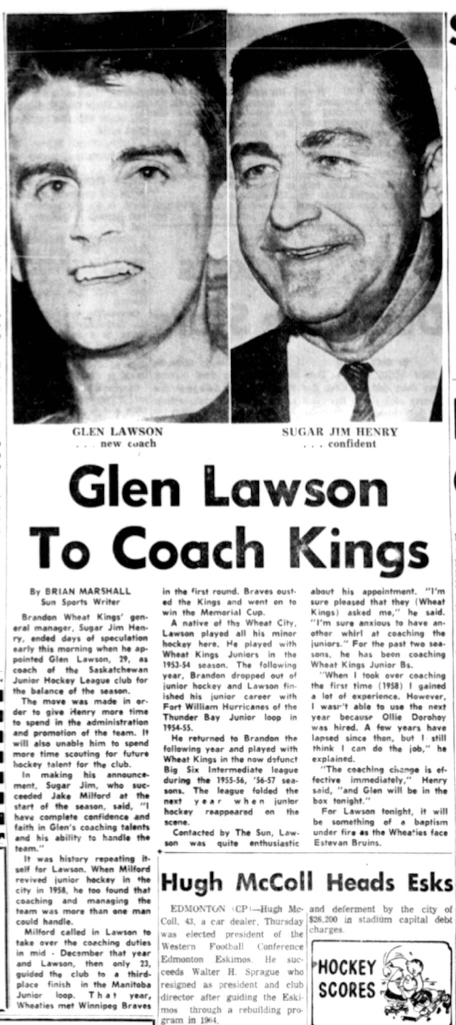 A story on Glen Lawson being re-hired as coach is shown in the Dec. 11, 1964 edition of The Brandon Sun. (Brandon Sun archives)