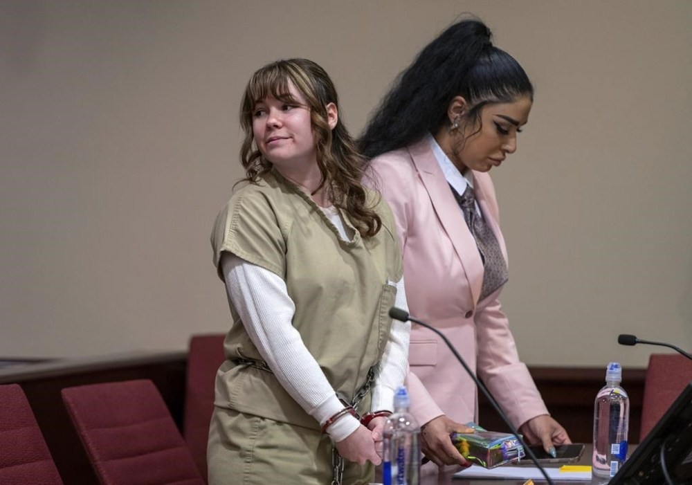 Hannah Gutierrez Reed, left, and paralegal Carmella Sisneros await sentencing in state district court in Santa Fe, New Mexico, on Monday April 15, 2024. Reed, the armorer on the set of the Western film