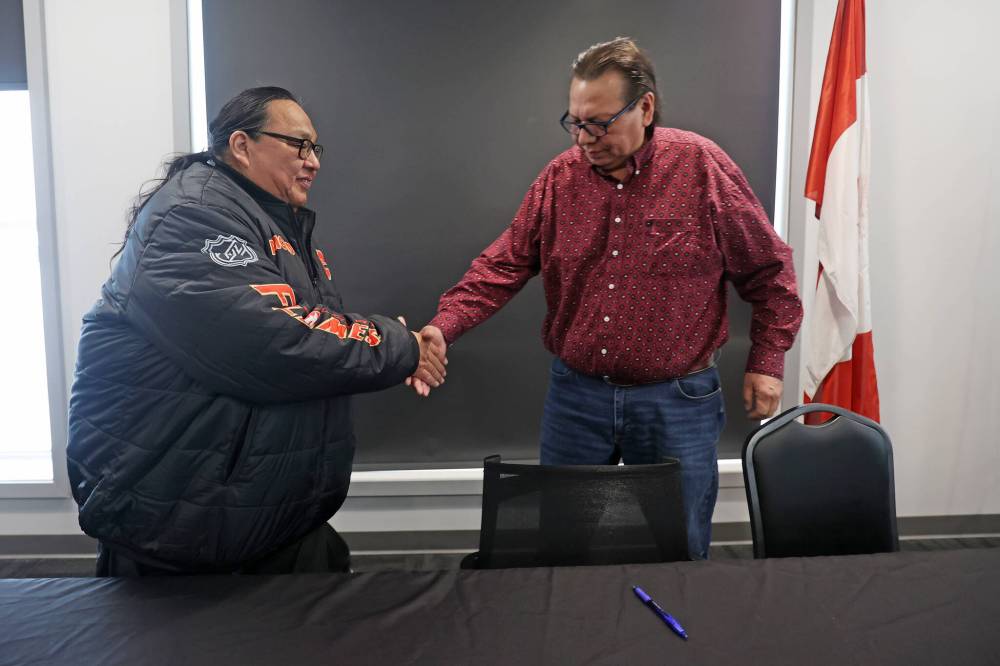 Canupawakpa Dakota Nation Chief Raymond Brown (left) is shown in this recent photo with Sioux Valley Dakota Nation Chief Vince Tacan. It's expected that on Monday the Canadian government will offer a formal apology to nine Dakota and Lakota First Nations for historical actions taken against them. (File)