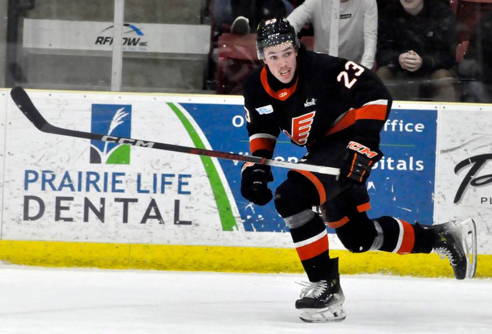 Brandonite Dalton Andrew played a pivotal role with the Winkler Flyers during the Manitoba Junior Hockey League’s post-season. He finished tied for playoff scoring bragging rights with Josh Lehto of the Virden Oil Capitals, after both players finished with 14 points. The Flyers forward recorded his playoff-best 10th assist during his team's 5-4 overtime victory Friday night. WIth the win, the Flyers swept their best-of-seven Turnbull Cup final 4-0 over the Steinbach Pistons. (Jules Xavier/The Brandon Sun)